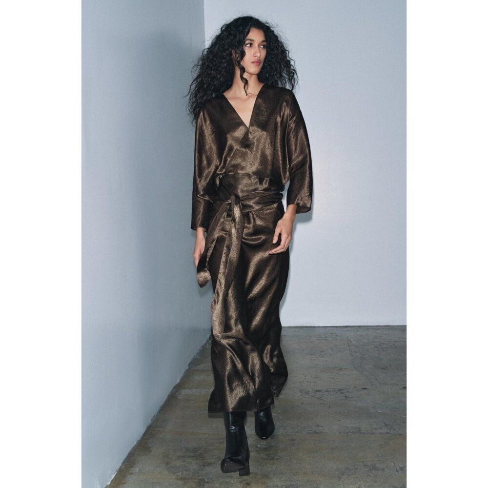Zara Womens Zw Collection Satin Effect Wrap Dress Small Brown D9780/063 NWT